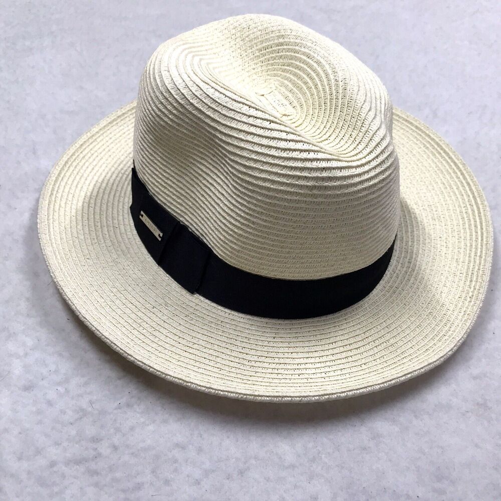 AMIANI Jute Fedora Hat Tan Ivory 1S Homburg Stetson Coastal Cowboy Trilby